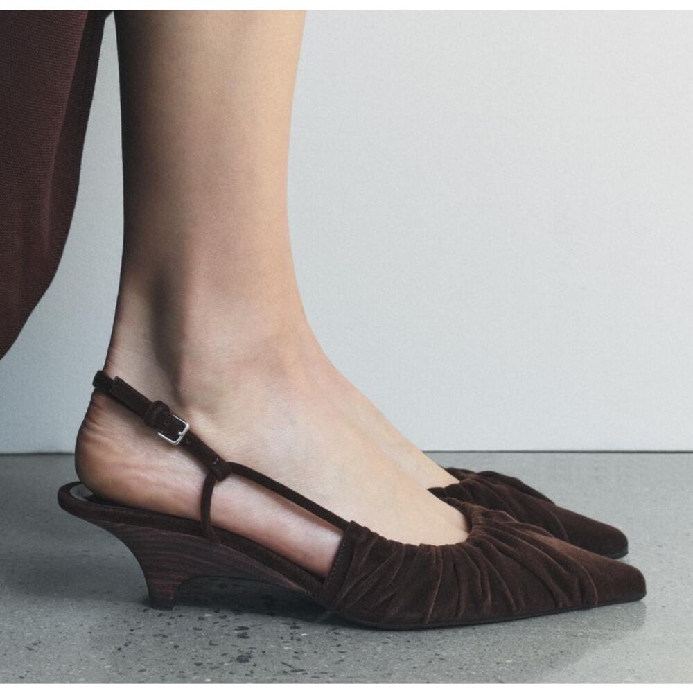 Zara NWT Brown Velvet Ruched Pointed Toe Slingback Kitten Heels 7.5 - Picture 6 of 16